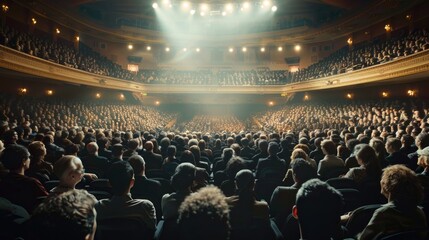 Poster - A large crowd of people gathered in a large auditorium. Suitable for events and conferences