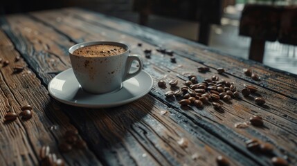 Poster - A cup of coffee on a rustic wooden table, perfect for cozy home decor