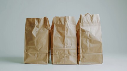 Poster - Three brown paper bags sitting next to each other. Can be used for various packaging or recycling concepts