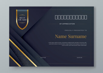 Black and gold certificate of corporate luxury and modern template. For corporate, achievement, diploma, award, graduation, completion, appreciation, acknowledgement, recognition etc