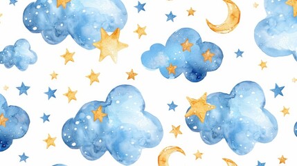 Poster - Blue clouds and gold stars pattern, suitable for backgrounds and design projects
