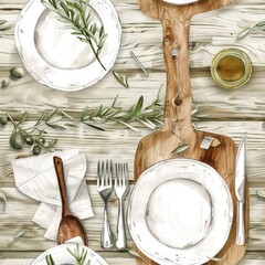 Poster - A painting of a table set with plates and utensils. Ideal for restaurant menus or dining room decor