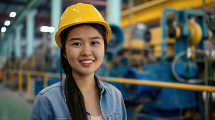 Wall Mural - Beautiful young Asian woman wearing yellow helmet or hardhat and smiling, standing in factory interior, portrait, copy space. Construction engineering business female technician architect manager