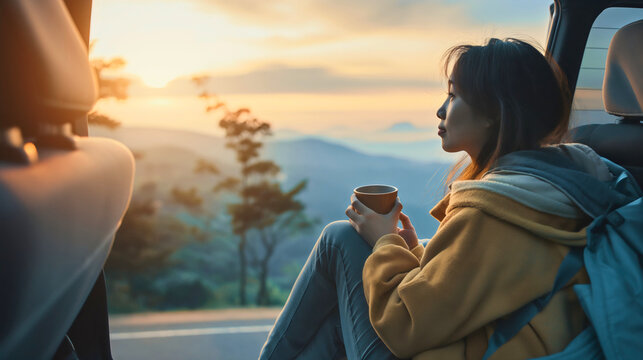 beautiful young asian woman wearing backpack and drinking coffee or tea from mug or cup, sitting in 