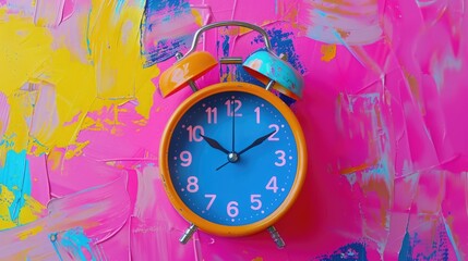 Aufkleber - An orange alarm clock on a vibrant pink background. Perfect for time management concepts