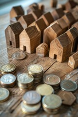 Poster - Wooden houses and coins displayed on a table, ideal for financial concepts