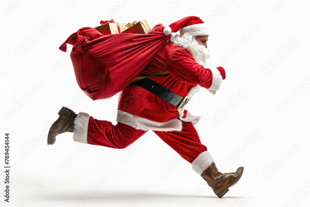 Santa Claus running with a bag of presents. Ideal for Christmas-themed ...