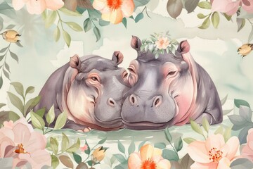 Sticker - A cute and playful image of two hippos cuddling. Suitable for animal lovers and wildlife enthusiasts