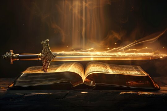 Opened Bible and sword in it.