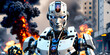 humanoid android robot with artificial intelligence, evil or killer and killing machine, destruction and war or extinction of humanity and end of the world and apocalypse or autonomous weapon