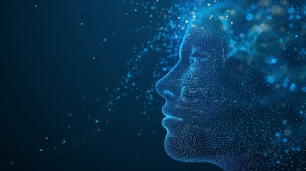 Poster - Artificial Intelligence and Neural Network concept illustration using dots and particles to make a 3D human head.