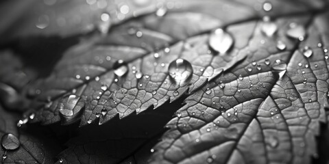 Poster - Close up of a leaf covered in water droplets. Suitable for nature and environmental themes