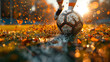 Footballer hitting football sunset Close up of a soccer player foot deftly handling the ball