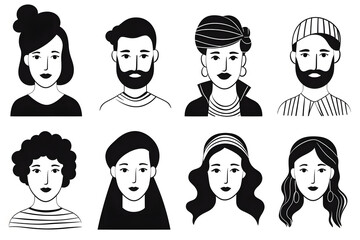 Wall Mural - Set of doodle people faces black and white, minimalist avatars line drawing