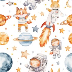 Poster - Watercolor illustration of a cat and a cat astronaut in outer space. Suitable for children's book illustrations