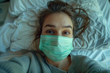 Selfie of a woman wearing facemask and lying on hospital bed.