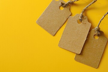 Poster - Three tags hanging from a string on a bright yellow background. Perfect for product labeling and promotions