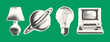 © Oly - Trendy halftone collage set of clipped elements in a pop art style, includes desk lamp, planet, old computer, light bulb. Vintage retro elements. Dotted texture for poster art or social media.
