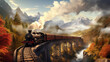 Old steam train on arched bridge in mountain
