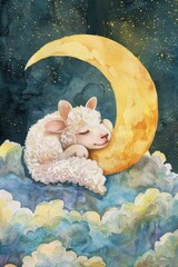 Poster - A peaceful scene of a sheep sleeping on top of a moon. Suitable for children's book illustrations