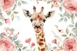 A giraffe standing in front of a bunch of flowers. Suitable for nature and wildlife themes