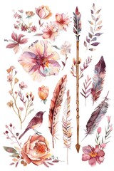 Poster - Beautiful watercolor flowers and feathers collection, perfect for various design projects