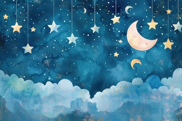 Poster - A serene painting of a night sky with stars and a crescent moon. Ideal for celestial-themed designs