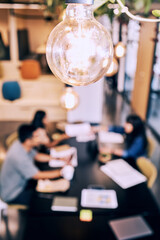 Aufkleber - Finance, blur and business people in cafeteria meeting for data analytics, planning or digital marketing strategy. Partnership, top view or accountant team working with budget, deadline and solution