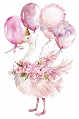 Sticker - Colorful watercolor painting of a flamingo holding balloons. Great for greeting cards or party invitations