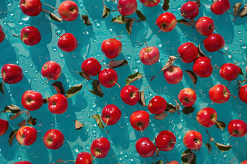 Wall Mural - Fresh Red Apples Floating in Water with Glistening Droplets Organic Fruits Background with Copy Space