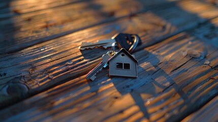 Poster - House key laying on wooden table, suitable for real estate concepts