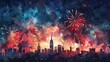 4th July, Independence Day greeting card Watercolor background banner. Fireworks Display in Patriotic Colors Over City Skyline.