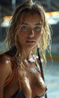 © RobertNyholm - Super cute young female photo model wearing a bikini and holding a hockey stick, standing on the ice inside a huge hockey arena.