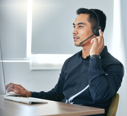 Poster - Callcenter, phone call and man in office for customer service, telemarketing sale in headset at help desk. Advisor, salesman or virtual assistant in client care, tech support or crm consulting agency