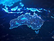 Electronic map of Australia, illustrating worldwide connectivity and links, data sharing and cyber advancements, business interactions, intelligence and telecommunication. 