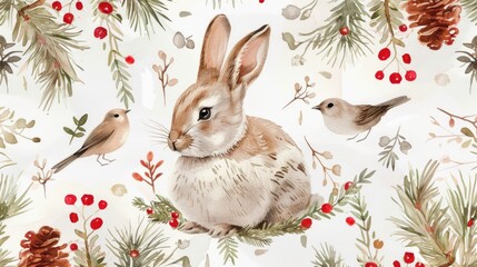 Poster - Watercolor painting of a cute rabbit surrounded by two colorful birds. Suitable for various design projects