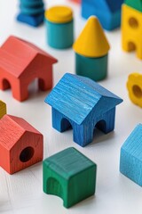 Poster - Brightly colored wooden toys arranged neatly on a clean white surface. Perfect for educational or children's toy concepts