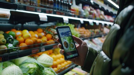 Poster - A person using a cell phone in a grocery store aisle. Suitable for technology and shopping concepts