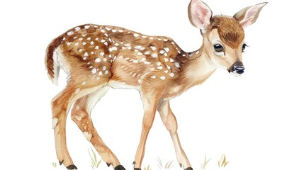  A serene watercolor painting of a fawn standing in the grass. Perfect for nature lovers and wildlife enthusiasts