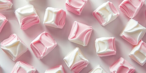 Poster - Colorful pink and white marshmallows displayed on a clean white surface. Perfect for food and dessert concepts