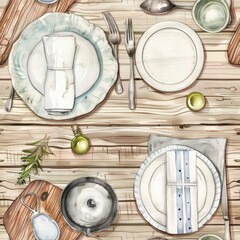Poster - A drawing of a table set with plates and utensils. Suitable for restaurant menu design