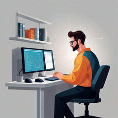 person working on computer, businessman, flat design.