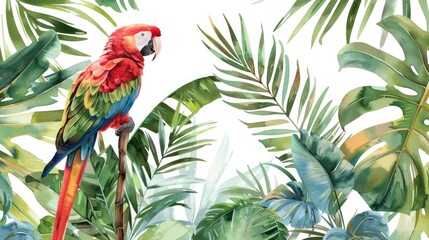 Poster - A vibrant parrot perched on a tree branch. Suitable for nature and wildlife themes
