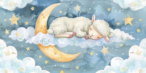 Aufkleber - A peaceful painting of a sheep resting on a fluffy cloud. Suitable for children's books or nursery decor
