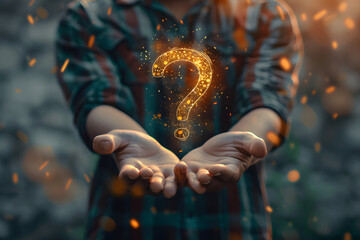 Poster - a man hand holding virtual question mark icon, stock photography