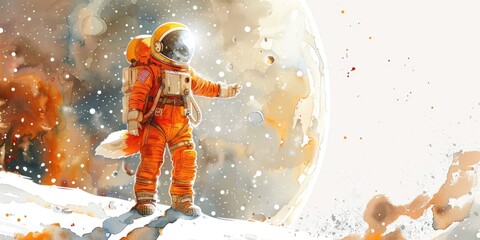 Sticker - A man in an orange space suit standing in the snow. Suitable for space exploration or winter themed designs