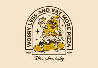 Wall Mural - Worry less and eat more pizza. Retro illustration of pizza character jumping on skateboard
