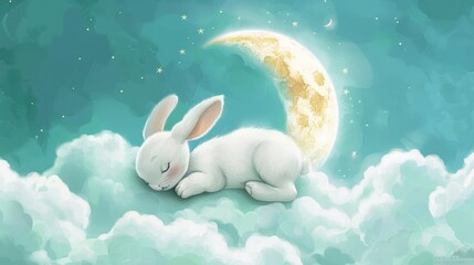 Aufkleber - A cute white rabbit peacefully sleeping on a fluffy cloud. Perfect for children's illustrations or dreamy concepts