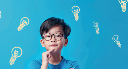 Wall Mural - child wearing glasses is smiling and holding his head with light bulb icons floating above it on a blue background, symbolizing creativity