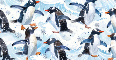 Canvas Print - Group of penguins standing on snow, suitable for winter themes